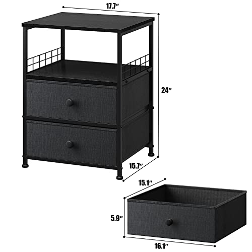 Nightstand Set of 2, Bedside Table with Fabric Drawers and Open Wood Shelf Storage