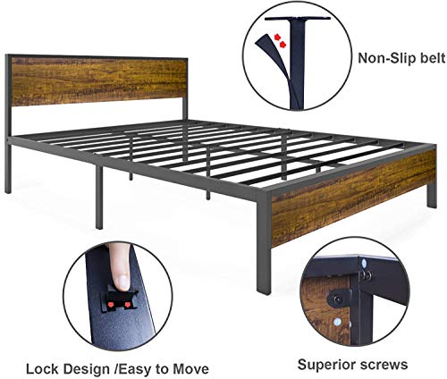 Metal Platform Bed Frame Mattress Foundation with Wood Headboard Duty Steel Slat Support 14Inch Bed Storage