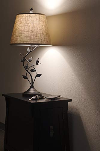 Ambrose 31" Traditional Rustic Table Lamp + Beige Fabric Shade, Leaf Detailed Body