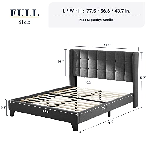 Platform Bed Frame with Wingback, Fabric Upholstered Square Stitched Headboard