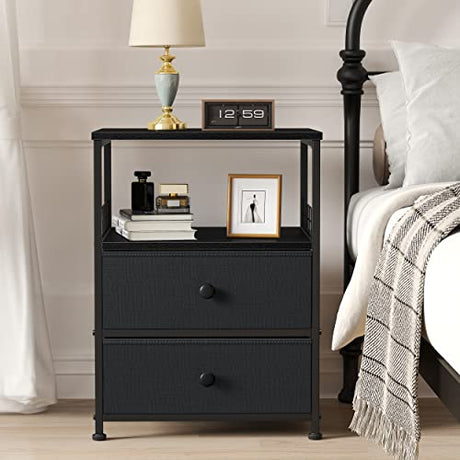 Nightstand Set of 2, Bedside Table with Fabric Drawers and Open Wood Shelf Storage