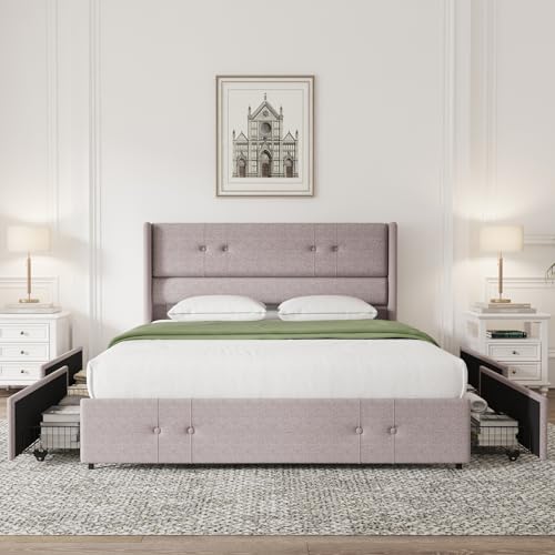 Queen Size Bed Frame Platform with 4 Storage Drawers and Fabric Upholstered