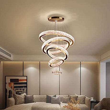 LED Big Crystal Chandeliers Modern 5 Rings Pendant Light Adjustable Ceiling Light