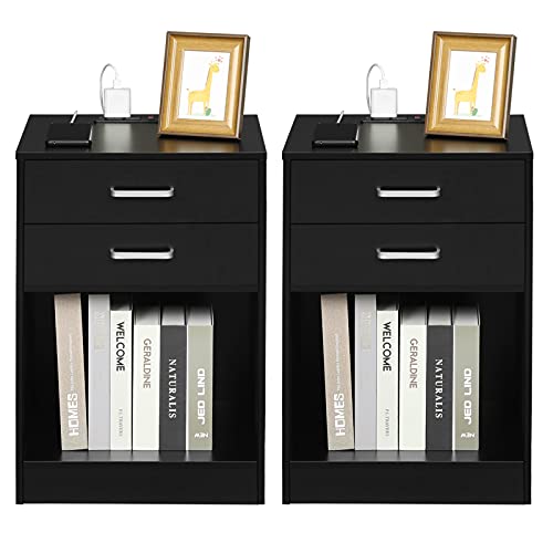 Nightstands Set of 2,Black Nightstand with Charging Station & Drawers