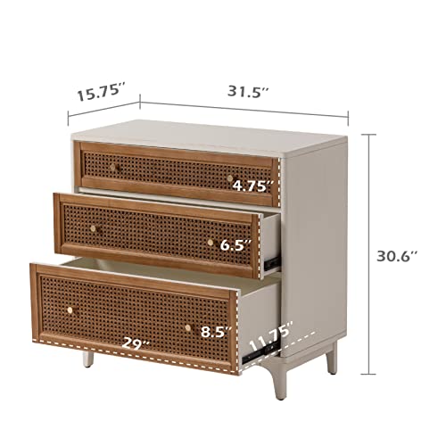 Farmhouse 3-Drawer Rattan Cane Front Accent Dresser with Brass Knobs for Living Room