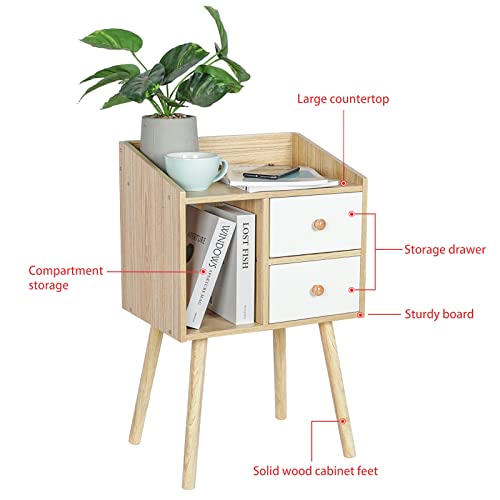 Bedside Table with Storage Drawers Mid Century Modern Nightstand with Vertical Open Storage Compartment and Solid Wood Legs