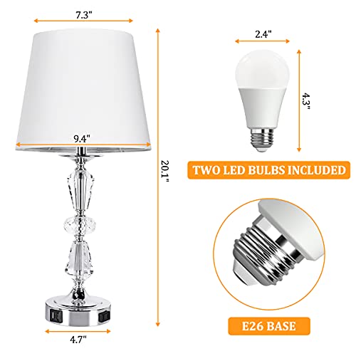 Set of 2 Crystal Table Lamp, 3-Way Dimmable Touch Control Lamp with Dual USB Ports