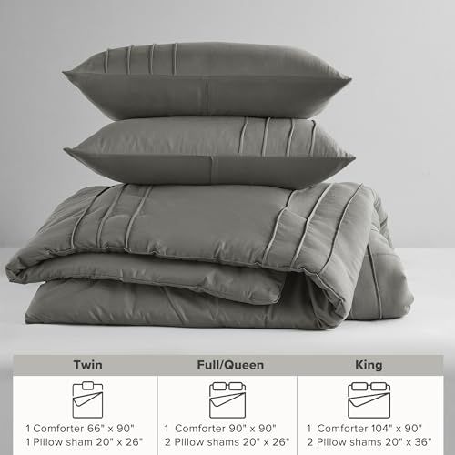 Grey Queen Comforter Set - 3 Pieces Pintuck Pleated Farmhouse Bedding