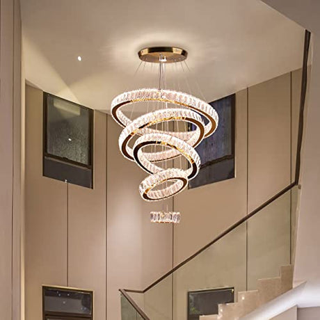 LED Big Crystal Chandeliers Modern 5 Rings Pendant Light Adjustable Ceiling Light