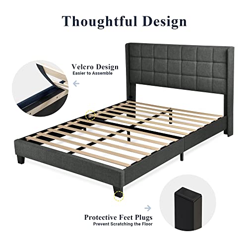 Full Size Platform Bed Frame with Wingback, Fabric Upholstered Square Stitched Headboard and Wooden Slats