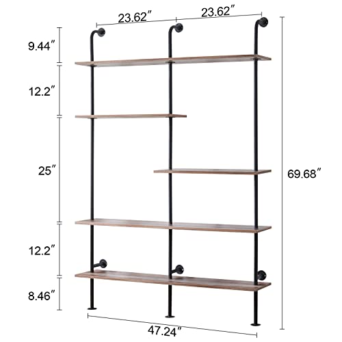 Industrial Bookshelf 5-Tier Open Wall Mount Ladder Bookshelf, Modern Bookcase