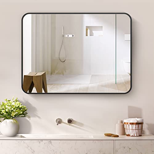 Black Bathroom Mirror for Wall, 24x36 Inch Rectangluar Black Metal Framed Mirror