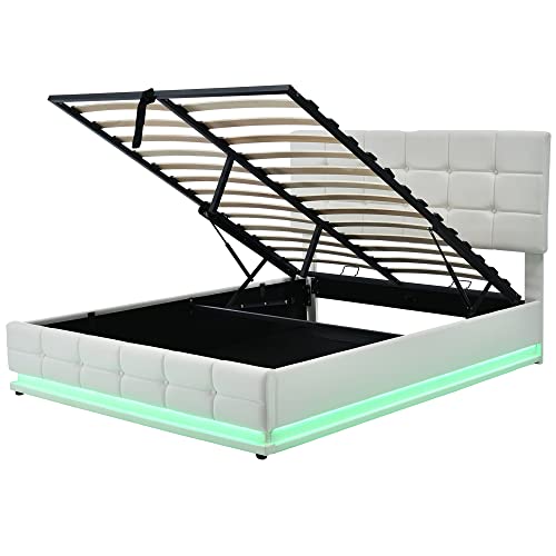 3-Pieces Bedroom Sets, Upholstered Bed with LED Lights, Hydraulic Storage System