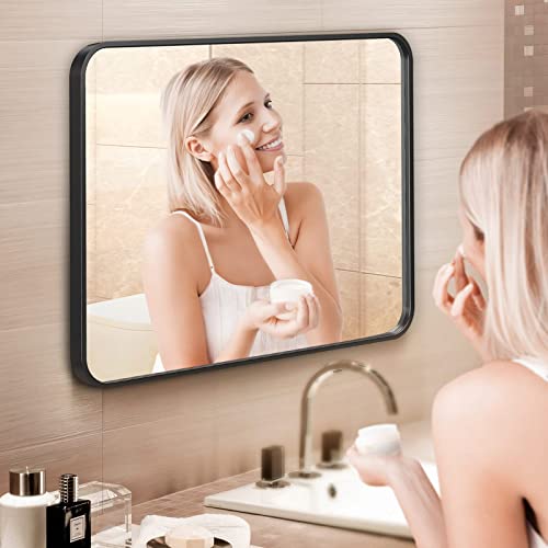 Black Bathroom Mirror for Wall, 24x36 Inch Rectangluar Black Metal Framed Mirror