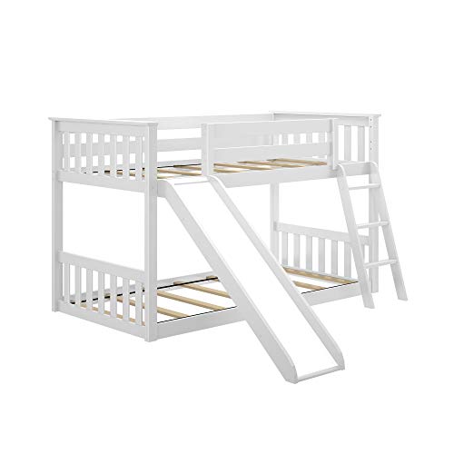 Low Bunk Bed, Twin-Over-Twin Bed Frame For Kids With Slide, White