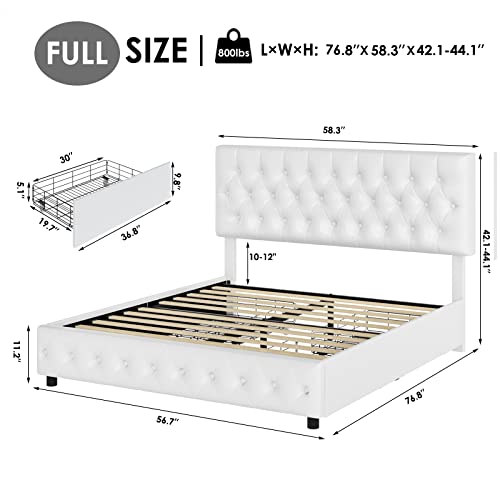 Modern Upholstered Bed Frame with 4 Drawers, Button Tufted Headboard Design