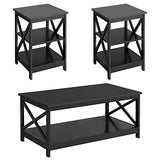 , X-Design Occasional Set with 1 Coffee Table and 2 Sofa Side End Tables, Black