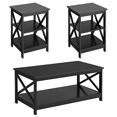 Living Room Table Set of 3, X-Design Occasional Set with 1 Coffee Table and 2 Sofa Side End Tables, Black