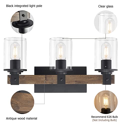 Rustic Wood Vanity Lights,3-Light Farmhouse Bathroom Lighting Fixtures with Clear Glass Shade