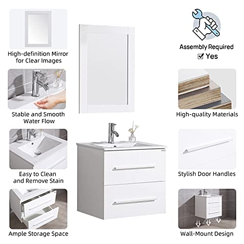 24" White Wall Mounted Bathroom Vanity Set Two Drawers Storage Cabinet with Ceramic