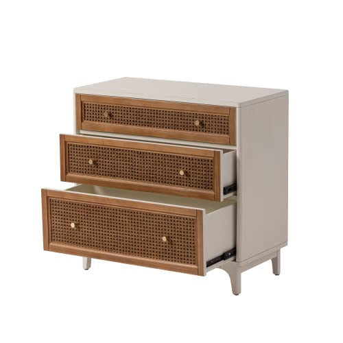Farmhouse 3-Drawer Rattan Cane Front Accent Dresser with Brass Knobs for Living Room