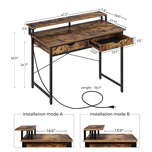 Computer Desk with 2 Drawers and Power Outlet, 47"