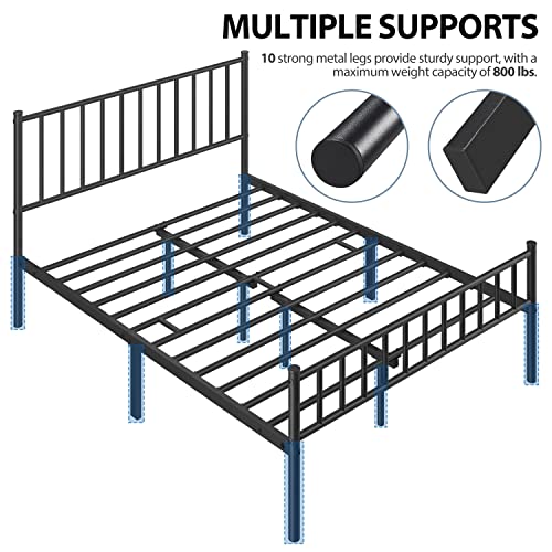 14 Inch Queen Size Bed Frame Metal Platform Bed with Spindle Headboard Footboard