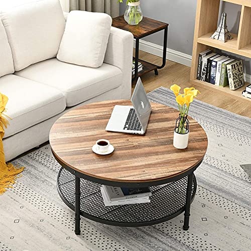 Coffee Table Round Small Industrial 2-Tier Coffee Table with Storage