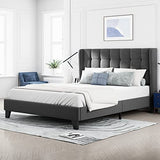 Platform Bed Frame with Wingback, Fabric Upholstered Square Stitched Headboard