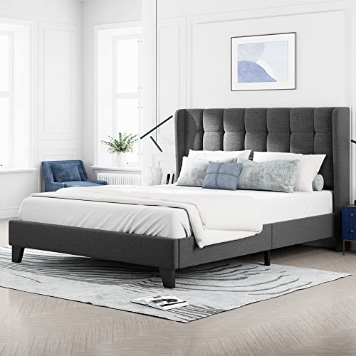 Full Size Platform Bed Frame with Wingback, Fabric Upholstered Square Stitched Headboard and Wooden Slats