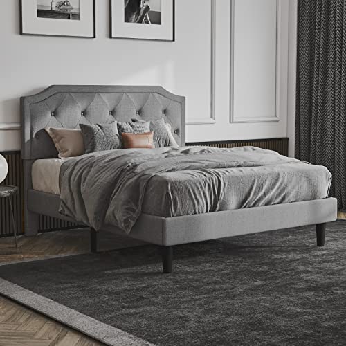 Upholstered Full Size Bed Frame, Platform Bed with Curved Rhombic Button