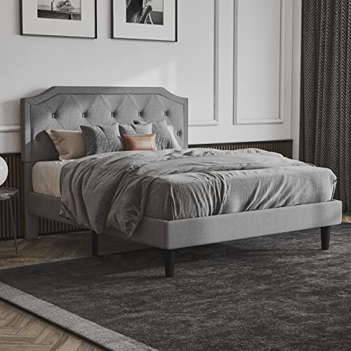 Upholstered Full Size Bed Frame, Platform Bed with Curved Rhombic Button Tufted Headboard