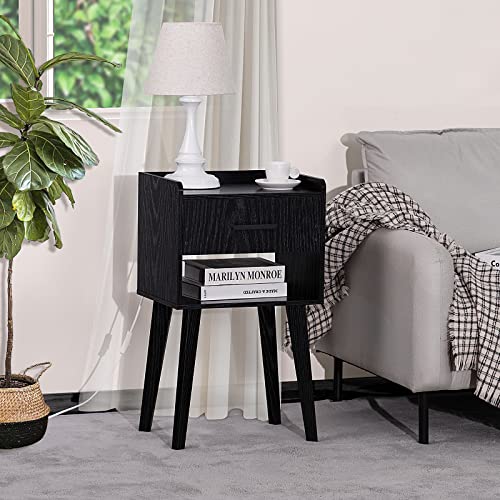 Black Nightstand, Bed Side Table with Drawer Open Shelf, Wood Nightstands