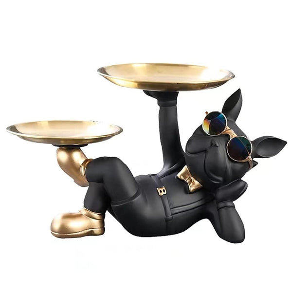 Cool Resin Dog Statue Black 2 Metal Trays with Cute Glasses French Bulldog Figurine Sculptures