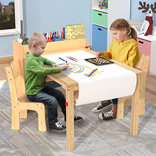 Kids Art Table and 2 Chairs, Wooden Drawing Desk, Activity & Crafts