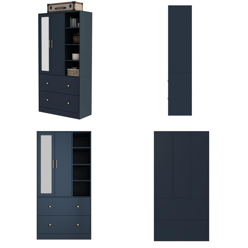 Modern Armoire Wardrobe with Mirror & Sliding Hanging Rod, 2 Door Wardrobe with Drawers & Shelves