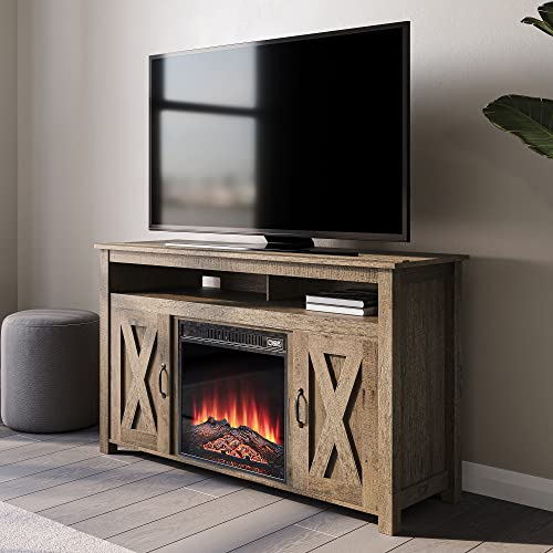 Modern 48 Inch Barn Door Wood Electric Fireplace TV Stand