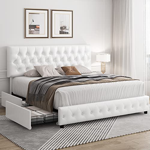 Modern Upholstered Bed Frame with 4 Drawers, Button Tufted Headboard Design