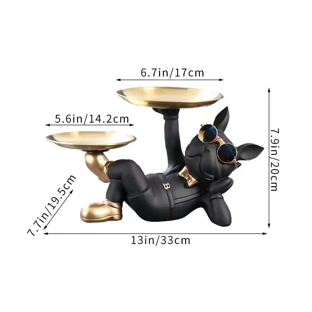 Cool Resin Dog Statue Black 2 Metal Trays with Cute Glasses French Bulldog Figurine Sculptures