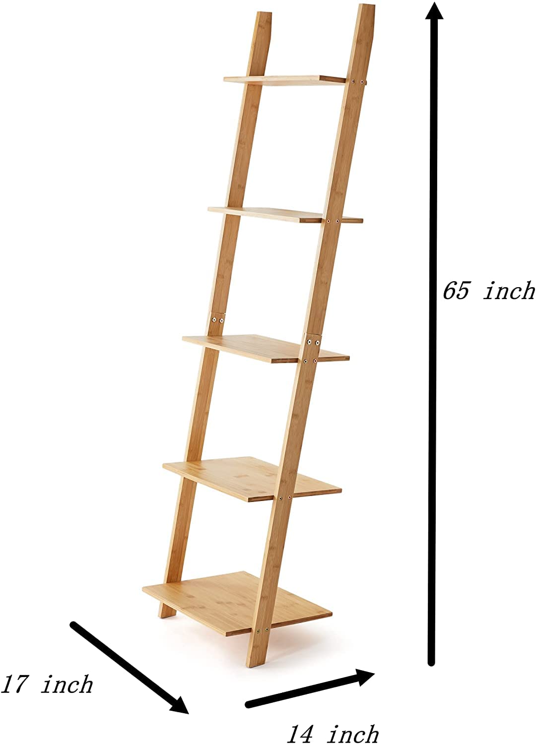 Ladder Shelf 5-Tier Bookshelf –Bamboo Rack Shelves Wall Leaning Shelf