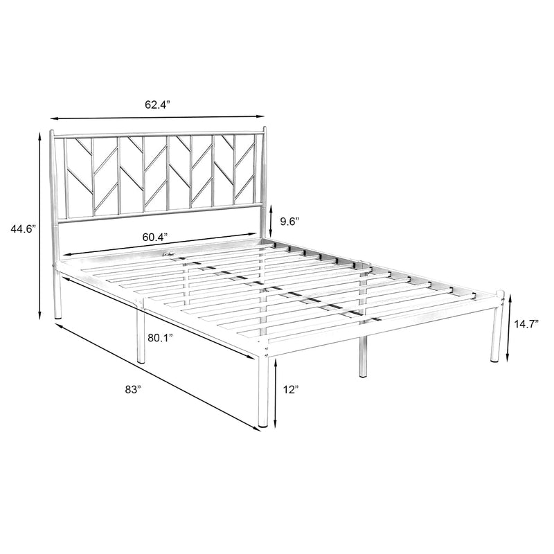 Queen Metal Bed Frame with Vintage Headboard, Heavy Duty Platform Bed with Round