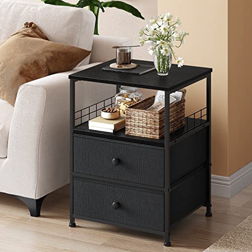 Nightstand Set of 2, Bedside Table with Fabric Drawers and Open Wood Shelf Storage