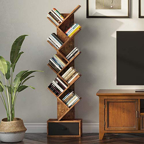 Tree Bookshelf with Drawer, 8 Shelf Rustic Brown Bookcase