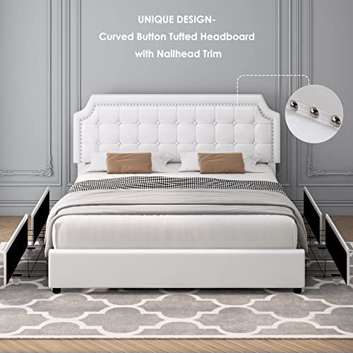 Upholstered Queen Platform Bed Frame with 4 Drawers and Curved Button Tufted Headboard with Nailhead Trim