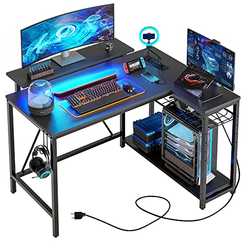 Small L Shaped Gaming Desk with Power Outlets,42 inch LED Computer Desk