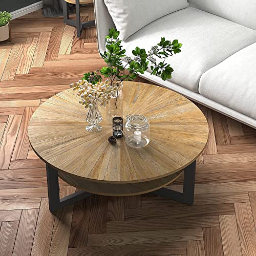 Round Coffee Table with Storage, Farmhouse Coffee Table for Living Room