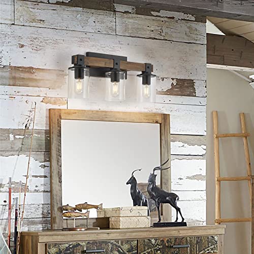 Rustic Wood Vanity Lights,3-Light Farmhouse Bathroom Lighting Fixtures