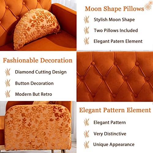 55-inch Small Velvet Couch with Elegant Moon Shape Pillows