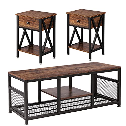 Occasional Set of 3 Includes Coffee 2 End Tables, Industrial Metal Frame