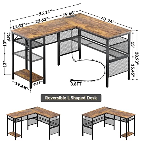 L Shaped Desk with USB Charging Port and Power Outlet